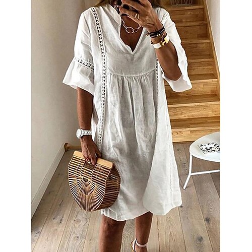 

Women's Shift Dress Knee Length Dress Green White Dusty Blue Half Sleeve Pure Color Cotton Hollow Out Spring Summer V Neck Basic Casual Loose 2022 S M L XL XXL 3XL