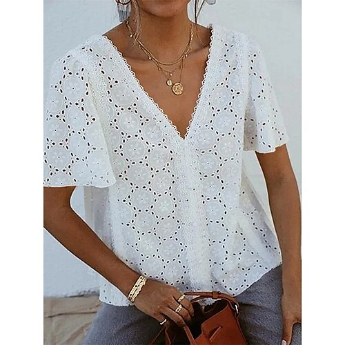 Women's Shirt Plain Daily Weekend Shirt Short Sleeve Cut Out Lace Trims V Neck Casual Streetwear White Black Yellow S
Women's Shirt Plain Daily Weekend Shirt Short Sleeve Cut Out Lace Trims V Neck Casual Streetwear White Black Yellow S