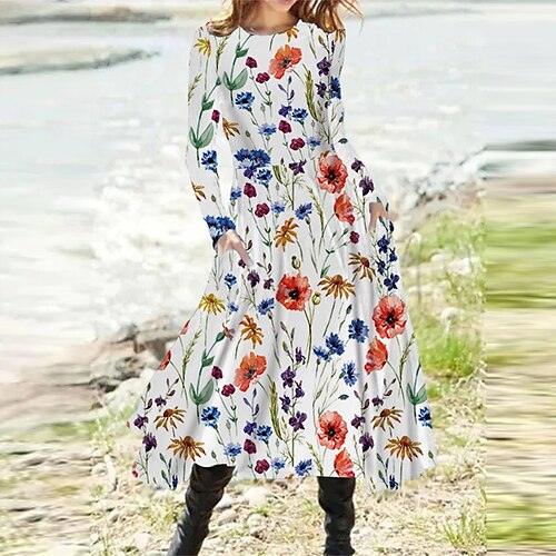 Women's A Line Dress Midi Dress White Long Sleeve Floral Pocket Print Fall Spring Round Neck Casual Vacation 2022 S M L XL XXL 3XL
Women's A Line Dress Midi Dress White Long Sleeve Floral Pocket Print Fall Spring Round Neck Casual Vacation 2022 S M L XL XXL 3XL