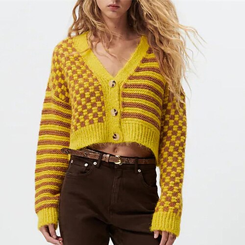 Women's Cardigan Sweater Jumper Crochet Knit Knitted Button Striped V Neck Stylish Casual Daily Going out Fall Winter Black Yellow S M L / Long Sleeve
Women's Cardigan Sweater Jumper Crochet Knit Knitted Button Striped V Neck Stylish Casual Daily Going out Fall Winter Black Yellow S M L / Long Sleeve