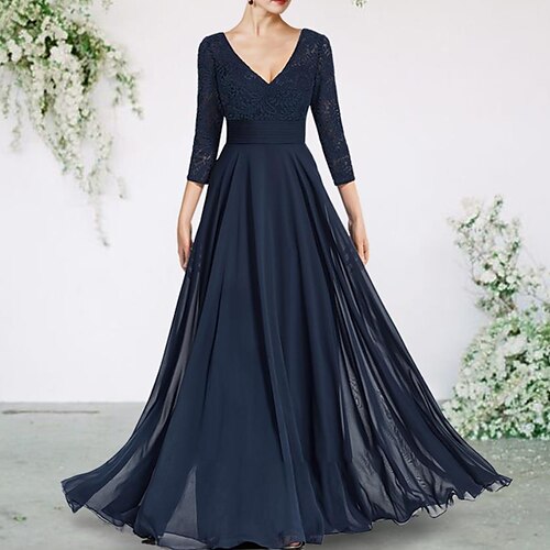 A-Line Mother of the Bride Dress Elegant Sexy V Neck Floor Length Chiffon Lace 3/4 Length Sleeve with Ruched Appliques 2022
A-Line Mother of the Bride Dress Elegant Sexy V Neck Floor Length Chiffon Lace 3/4 Length Sleeve with Ruched Appliques 2022