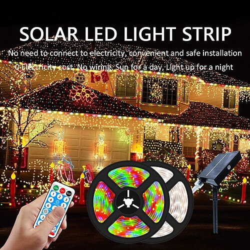 5m 16.4ft RGB Solar LED Strip Light Rope 300 LEDs SMD2835 with Remote Control 8 Modes Color Changing IP67 Waterproof Outdoor Decor Automatic Timed Working Time up to 8-10 hours after Fully Charged
5m 16.4ft RGB Solar LED Strip Light Rope 300 LEDs SMD2835 with Remote Control 8 Modes Color Changing IP67 Waterproof Outdoor Decor Automatic Timed Working Time up to 8-10 hours after Fully Charged