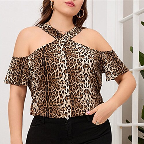Women's Plus Size Tops Blouse Shirt Leopard Backless Cut Out Short Sleeve Halter Neck Streetwear Daily Vacation Polyester Fall Summer Brown
Women's Plus Size Tops Blouse Shirt Leopard Backless Cut Out Short Sleeve Halter Neck Streetwear Daily Vacation Polyester Fall Summer Brown