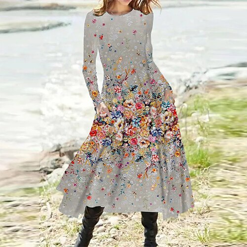 Women's A Line Dress Midi Dress Gray Long Sleeve Floral Pocket Print Fall Spring Round Neck Casual Vacation 2022 S M L XL XXL 3XL
Women's A Line Dress Midi Dress Gray Long Sleeve Floral Pocket Print Fall Spring Round Neck Casual Vacation 2022 S M L XL XXL 3XL