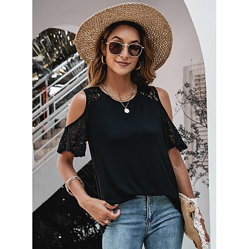 Women's T shirt Tee White Black Plain Lace Cut Out Short Sleeve Casual Weekend Basic Round Neck Regular S
Women's T shirt Tee White Black Plain Lace Cut Out Short Sleeve Casual Weekend Basic Round Neck Regular S