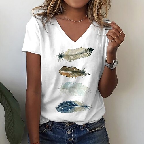

Women's T shirt Tee Feather Casual Weekend White Blue Print Short Sleeve Basic V Neck Regular Fit