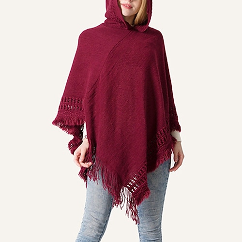 

Women's Poncho Sweater Jumper Ribbed Knit Tassel Knitted Pure Color Hooded Stylish Casual Outdoor Daily Winter Fall Wine Khaki One-Size / Sleeveless / Sleeveless / Holiday / Regular Fit / Going out