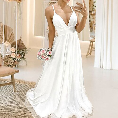 A-Line Wedding Dresses V Neck Spaghetti Strap Sweep / Brush Train Satin Tulle Sleeveless Formal Sexy Backless with Sequin 2022
A-Line Wedding Dresses V Neck Spaghetti Strap Sweep / Brush Train Satin Tulle Sleeveless Formal Sexy Backless with Sequin 2022