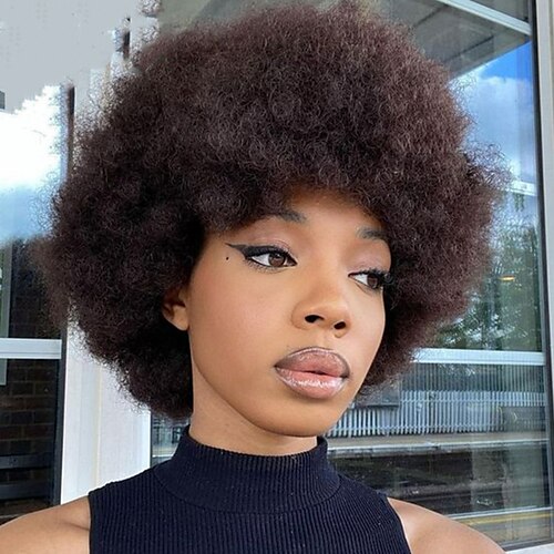 

Human Hair Wig Short Afro Curly Natural Straight With Bangs Natural Dark Brown Best Quality Natural Hairline African American Wig Capless Mongolian Hair Women's Natural Black #1B Medium Brown#4 6 inch