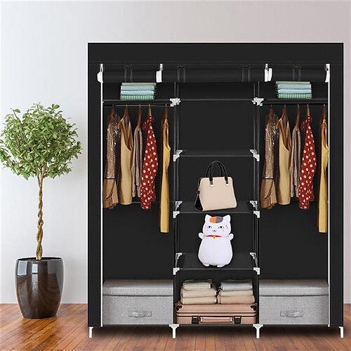

69 Portable Clothes Closet Non-Woven Fabric Wardrobe Double Rod Storage Organizer Black