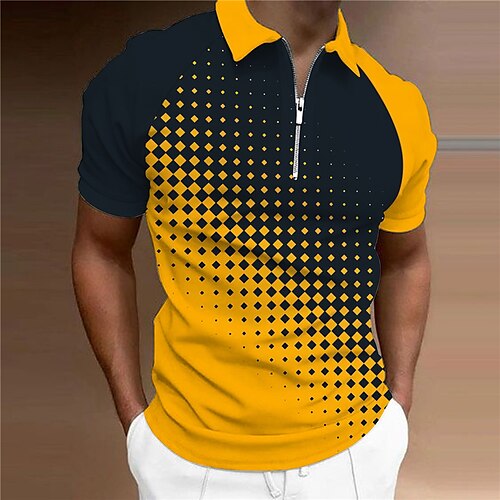 

Men's Collar Polo Shirt Golf Shirt Geometry Turndown Yellow 3D Print Outdoor Street Short Sleeves Zipper Print Clothing Apparel Fashion Designer Casual Breathable / Summer / Spring / Summer