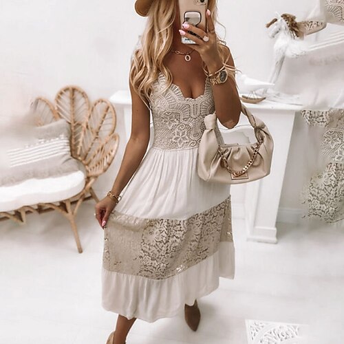 Women's A Line Dress Midi Dress Beige Sleeveless Embroidery Color Block Embroidered Spring Summer V Neck Stylish Elegant 2022 S M L XL XXL
Women's A Line Dress Midi Dress Beige Sleeveless Embroidery Color Block Embroidered Spring Summer V Neck Stylish Elegant 2022 S M L XL XXL