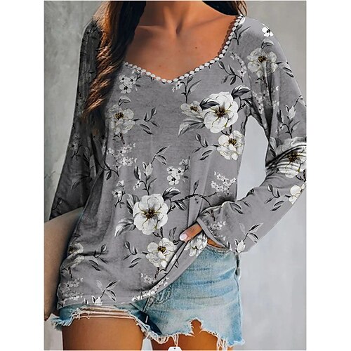 Women's T shirt Tee Gray Flower Patchwork Lace Trims Long Sleeve Casual Daily Basic V Neck Regular S / 3D Print / Print
Women's T shirt Tee Gray Flower Patchwork Lace Trims Long Sleeve Casual Daily Basic V Neck Regular S / 3D Print / Print