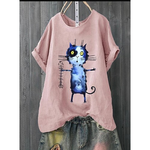 Women's T shirt Tee Pink Gray Cartoon Print Short Sleeve Casual Weekend Basic Round Neck Regular Painting S
Women's T shirt Tee Pink Gray Cartoon Print Short Sleeve Casual Weekend Basic Round Neck Regular Painting S