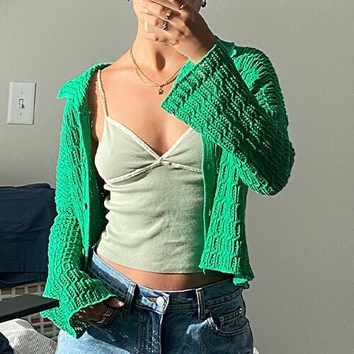 Women's Cardigan Sweater Jumper Crochet Knit Knitted Button Solid Color Shirt Collar Stylish Casual Daily Going out Fall Winter Green S M L / Long Sleeve
Women's Cardigan Sweater Jumper Crochet Knit Knitted Button Solid Color Shirt Collar Stylish Casual Daily Going out Fall Winter Green S M L / Long Sleeve