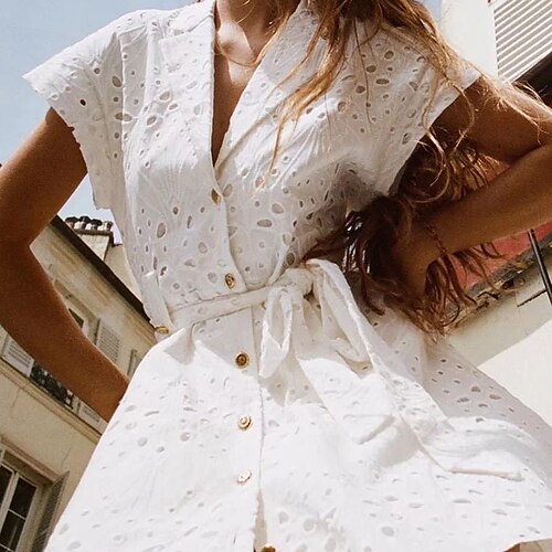 Women's Shirt Dress Short Mini Dress White Short Sleeve Pure Color Embroidered Hollow Out Button Spring Summer Shirt Collar Stylish Modern 2022 XS S M L
Women's Shirt Dress Short Mini Dress White Short Sleeve Pure Color Embroidered Hollow Out Button Spring Summer Shirt Collar Stylish Modern 2022 XS S M L