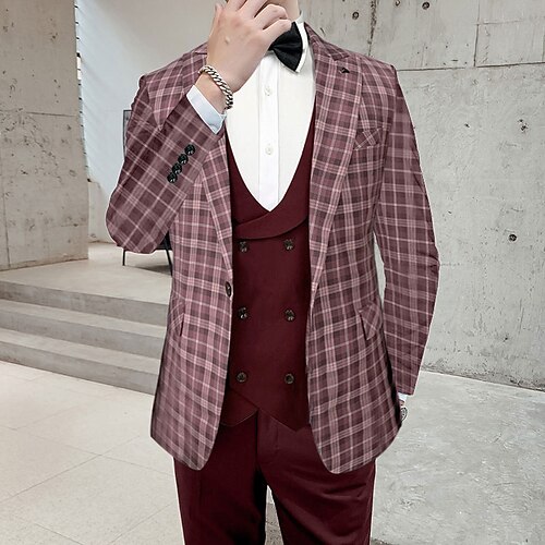 

Green Burgundy Blue Men's Wedding Tuxedos 3 Piece Notch Plaid Tailored Fit Single Breasted One-button 2022