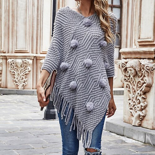 

Women's Poncho Sweater Jumper Ribbed Knit Tassel Knitted Pure Color V Neck Stylish Casual Outdoor Daily Winter Fall Khaki Red S M L / Long Sleeve / Holiday / Regular Fit / Going out
