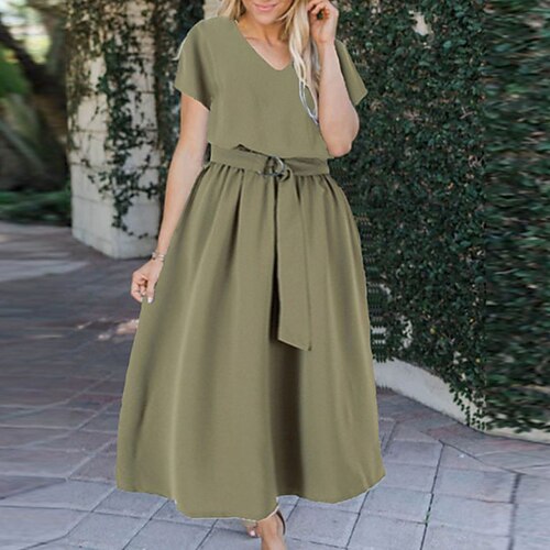 Women's A Line Dress Maxi long Dress Green Black Gray Pink Wine Dark Blue Short Sleeve Pure Color With Belt Fall Spring V Neck Casual Mature 2022 S M L XL XXL 3XL 
Women's A Line Dress Maxi long Dress Green Black Gray Pink Wine Dark Blue Short Sleeve Pure Color With Belt Fall Spring V Neck Casual Mature 2022 S M L XL XXL 3XL