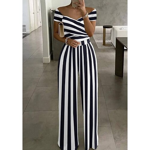 Women's Jumpsuit Striped V Neck Streetwear Daily Holiday Straight Regular Fit Short Sleeve Black S M L Spring
Women's Jumpsuit Striped V Neck Streetwear Daily Holiday Straight Regular Fit Short Sleeve Black S M L Spring