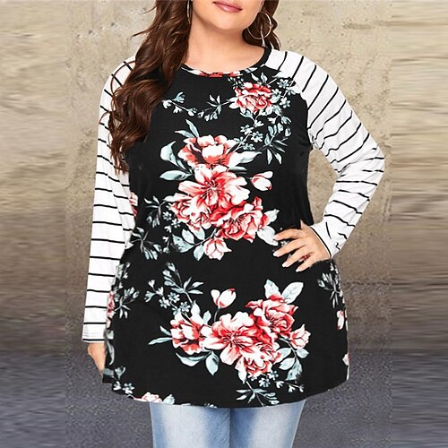 Women's Plus Size Tops T shirt Tee Floral Striped Print Long Sleeve Crewneck Streetwear Daily Going out Cotton Fall Winter Black
Women's Plus Size Tops T shirt Tee Floral Striped Print Long Sleeve Crewneck Streetwear Daily Going out Cotton Fall Winter Black