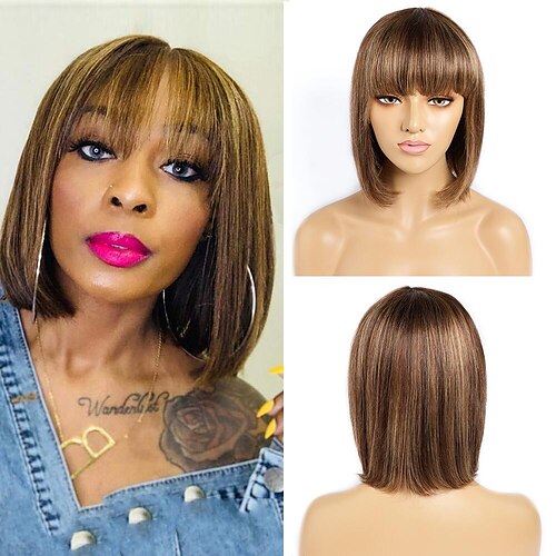 

Honey Blonde Brown Short Bob Human Hair Wigs with Bangs for Black Women Afro American Natural Daily machine made Wig