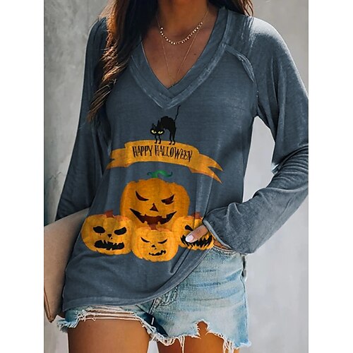 Women's T shirt Tee Cat Text Pumpkin Halloween Weekend Painting T shirt Tee Long Sleeve Print V Neck Basic Blue S / 3D Print
Women's T shirt Tee Cat Text Pumpkin Halloween Weekend Painting T shirt Tee Long Sleeve Print V Neck Basic Blue S / 3D Print