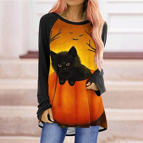 Women's T shirt Tee Cat Color Block Pumpkin Halloween Casual Weekend T shirt Tee Long Sleeve Patchwork Print Round Neck Basic Halloween Purple Yellow Red S
Women's T shirt Tee Cat Color Block Pumpkin Halloween Casual Weekend T shirt Tee Long Sleeve Patchwork Print Round Neck Basic Halloween Purple Yellow Red S