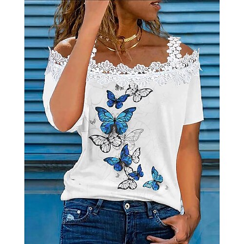 Women's Shirt Butterfly Holiday Weekend Butterfly Shirt Short Sleeve Lace Patchwork Print Off Shoulder Casual Streetwear White S / 3D Print
Women's Shirt Butterfly Holiday Weekend Butterfly Shirt Short Sleeve Lace Patchwork Print Off Shoulder Casual Streetwear White S / 3D Print