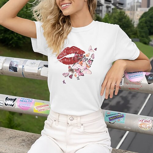 Women's T shirt Tee Butterfly Lip Casual Weekend Painting T shirt Tee Short Sleeve Print Round Neck Basic White Gray Pink S
Women's T shirt Tee Butterfly Lip Casual Weekend Painting T shirt Tee Short Sleeve Print Round Neck Basic White Gray Pink S