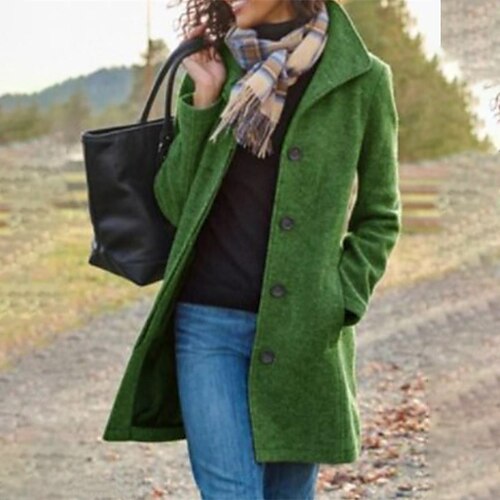 

Women's Wool Coat Fall Pea Coat Winter Warm Overcoat Casual Daily Street Style Smocked Single Breasted Turndown Green Dark Grey Regular Fit S M L XL XXL 3XL / Windproof