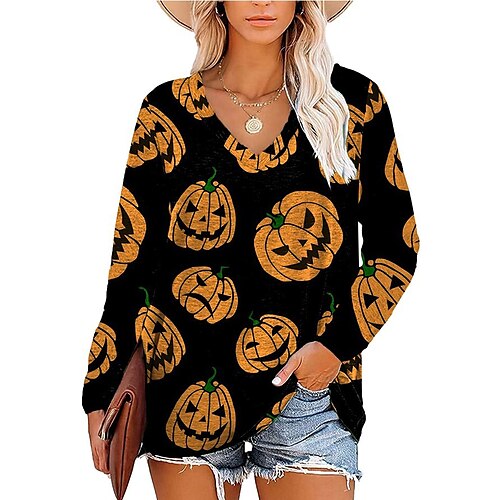 Women's T shirt Tee Pumpkin Halloween Weekend Painting T shirt Tee Long Sleeve Print V Neck Basic Black Yellow Orange S / 3D Print
Women's T shirt Tee Pumpkin Halloween Weekend Painting T shirt Tee Long Sleeve Print V Neck Basic Black Yellow Orange S / 3D Print