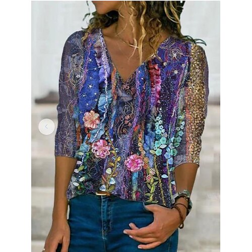 Women's T shirt Tee Green Blue Flower Print 3/4 Length Sleeve Casual Weekend Basic V Neck Regular S / 3D Print
Women's T shirt Tee Green Blue Flower Print 3/4 Length Sleeve Casual Weekend Basic V Neck Regular S / 3D Print