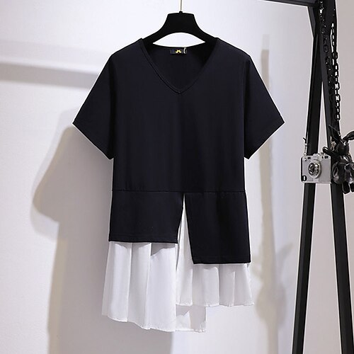 Women's Plus Size Tops Blouse Shirt Color Block Fake two piece Short Sleeve V Neck Basic Streetwear Daily Going out Cotton Spring Summer Black
Women's Plus Size Tops Blouse Shirt Color Block Fake two piece Short Sleeve V Neck Basic Streetwear Daily Going out Cotton Spring Summer Black