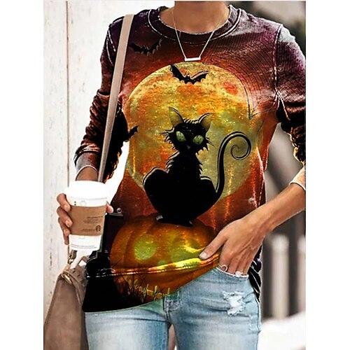 Women's T shirt Tee Black Cat Print Long Sleeve Halloween Weekend Basic Round Neck Regular Painting S
Women's T shirt Tee Black Cat Print Long Sleeve Halloween Weekend Basic Round Neck Regular Painting S