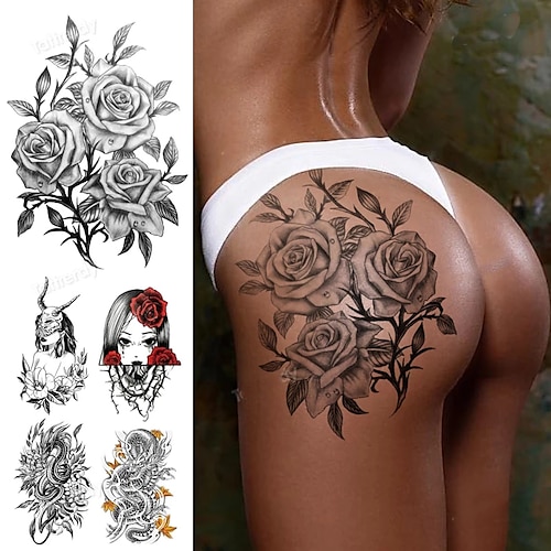 

5PCS sketch flowers black temporary tattoo stickers waterproof thigh arm body tattoo sleeve anime snake fox lion dark designs women