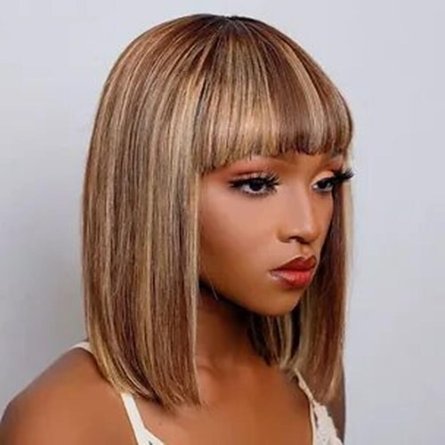 

Brazilian Ombre Colored Honey Blonde Fringe Human Hair Bob Wigs for Black Women With Bangs Short Brazilian No Lace Full Machine Made Wig