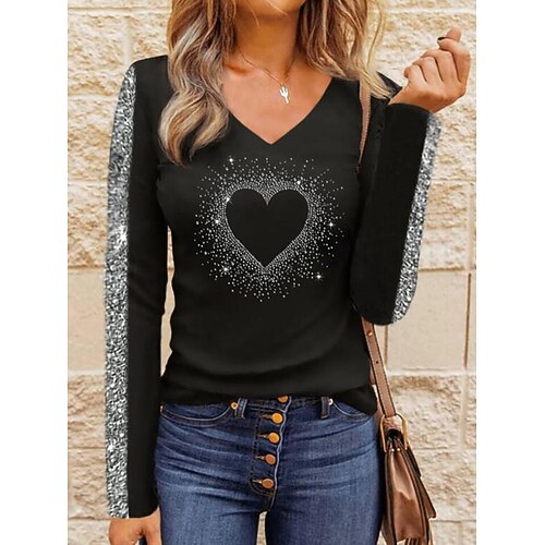 Women's T shirt Tee Heart Casual Abstract T shirt Tee Long Sleeve Sequins Rhinestone V Neck Basic Black S 
Women's T shirt Tee Heart Casual Abstract T shirt Tee Long Sleeve Sequins Rhinestone V Neck Basic Black S