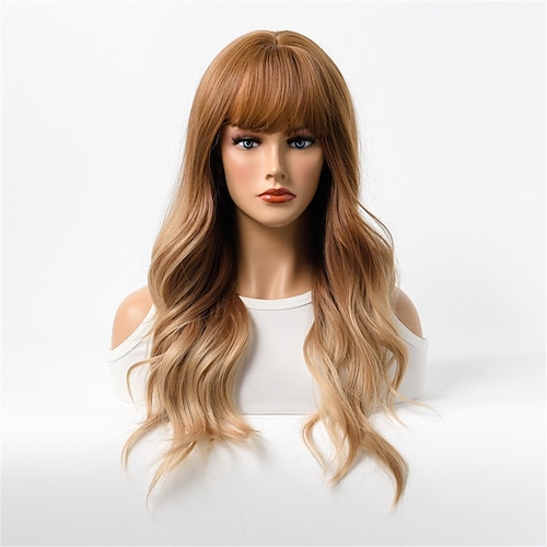 

Synthetic Wig Straight With Bangs Wigs Highlights Eight-character Bangs Gradient Color Medium and Long Curly Hair Wigs Female Wigs Chemical Fiber High Temperature Silk Full Head