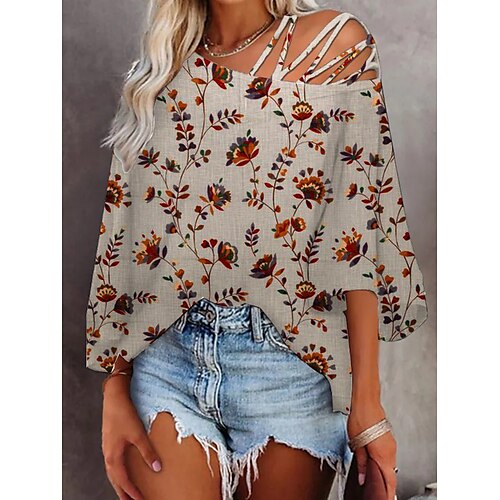 Women's T shirt Tee Floral Casual Holiday Weekend Floral Painting T shirt Tee 3/4 Length Sleeve Cold Shoulder Print Diagonal Neck Basic Khaki S / 3D Print
Women's T shirt Tee Floral Casual Holiday Weekend Floral Painting T shirt Tee 3/4 Length Sleeve Cold Shoulder Print Diagonal Neck Basic Khaki S / 3D Print