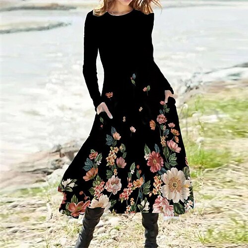 Women's A Line Dress Midi Dress Black Brown Long Sleeve Floral Pocket Print Fall Winter Round Neck Casual Vacation 2022 S M L XL XXL 3XL
Women's A Line Dress Midi Dress Black Brown Long Sleeve Floral Pocket Print Fall Winter Round Neck Casual Vacation 2022 S M L XL XXL 3XL