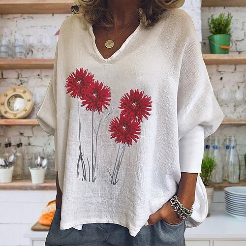Women's T shirt Tee White Floral Print Long Sleeve Casual Holiday Basic V Neck Regular Loose Fit Floral Painting S / 3D Print
Women's T shirt Tee White Floral Print Long Sleeve Casual Holiday Basic V Neck Regular Loose Fit Floral Painting S / 3D Print