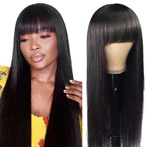 

Remy Human Hair Wig Long Straight Neat Bang Natural Adjustable Natural Hairline Glueless Machine Made Capless Brazilian Hair All Natural Black #1B 10 inch 12 inch 14 inch Daily Wear Party & Evening