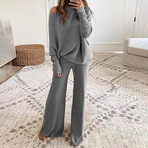 dame strikket loungewear træningsdragt casual 2-delt pullovere toppe buksesæt med snøre og brede ben
dame strikket loungewear træningsdragt casual 2-delt pullovere toppe buksesæt med snøre og brede ben