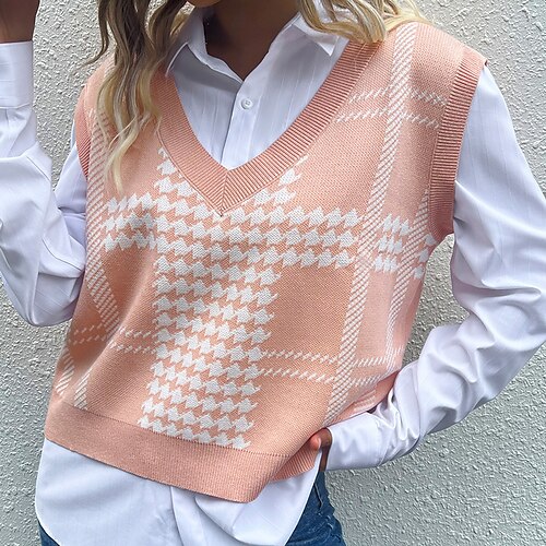 Women's Pullover Sweater Jumper Ribbed Knit Check Pattern Knitted Color Block V Neck Stylish Casual Daily Holiday Fall Winter Pink S M L / Sleeveless
Women's Pullover Sweater Jumper Ribbed Knit Check Pattern Knitted Color Block V Neck Stylish Casual Daily Holiday Fall Winter Pink S M L / Sleeveless