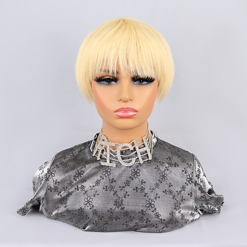 

Remy Human Hair Wig Short Natural Straight Pixie Cut Short Bob Layered Haircut With Bangs Blonde Classic Women Best Quality Machine Made Brazilian Hair Women's Unisex Pink 4 inch Party Daily Daily
