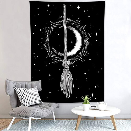 

Witch's Broom Moon Tapestry Wall Hanging Black and White Bohemian Psychedelic Hippie Art Tapestries Wall Decor for Living Room Bedroom Dorm Party