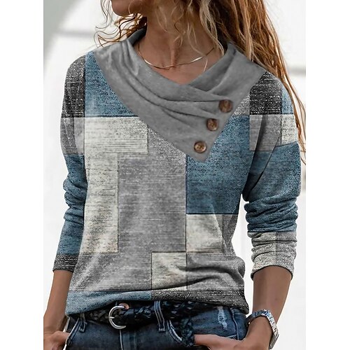 

Women's T shirt Tee Red Navy Blue Blue Geometric Abstract Button Print Long Sleeve Casual Weekend Basic Pile Neck V Neck Geometric Painting