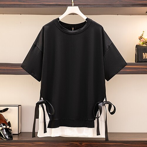 Women's Plus Size Tops Blouse Shirt Color Block Fake two piece Short Sleeve Round Neck Basic Streetwear Daily Going out Cotton Fall Winter Black Light Green
Women's Plus Size Tops Blouse Shirt Color Block Fake two piece Short Sleeve Round Neck Basic Streetwear Daily Going out Cotton Fall Winter Black Light Green