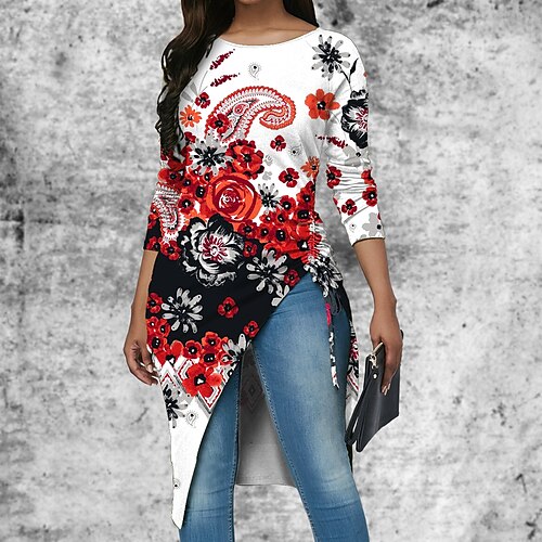 Women's T shirt Tee Tunic Red Floral Print Long Sleeve Casual Holiday Basic Round Neck Long Floral Painting S
Women's T shirt Tee Tunic Red Floral Print Long Sleeve Casual Holiday Basic Round Neck Long Floral Painting S